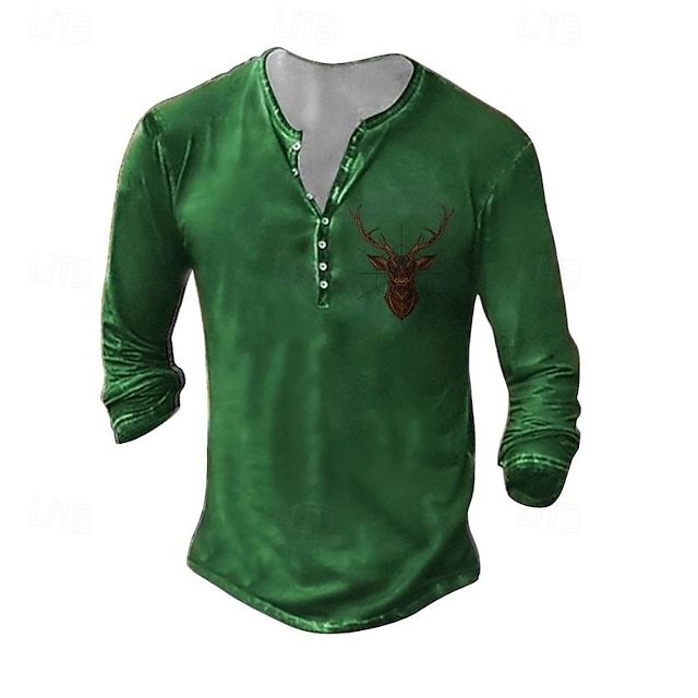  Pánské Tričko Henley Trička Tričko Top Tričko s dlouhým rukávem Dlouhý rukáv Henley Léto Podzim Vzor Jelen Módní Designové Móda Retro Dovolená ulice Jdeme ven Tmavě šedá Černá Bílá Top tričko pro muže
