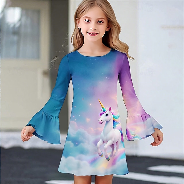  Girls' 3D Unicorn Dress Ruffle Dress Long Sleeve Summer Spring Vacation Daily Holiday Beautiful Sweet Kids 4-12 Years Casual Dress Knee-length Regular Fit