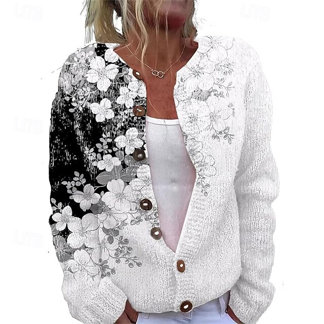 Women's Sweater Cardigan Fashion Streetwear Daily Floral Animal Ribbed Open Front Knitted Print Long Sleeve Long Tops Knit Holiday Going out Weekend Black White Fall Winter4