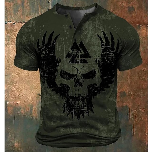 Men's Halloween Skull Skulls Henley Shirt Tee Short Sleeve Casual Casual Summer Army Green Henley Henley T-Shirt4