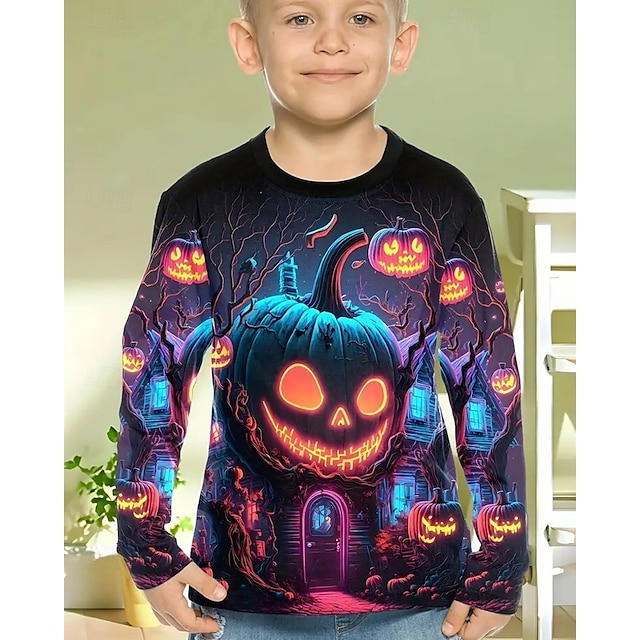  Halloween Pojkar 3D Pumpa T-shirt Långärmad Vår Höst Mode Grundläggande Barn 4-12 år Rund hals Utomhus Ledigt Dagligen Normal