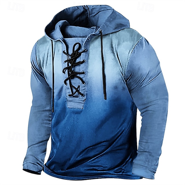  Men's T Shirt Tee Tee Top Long Sleeve Shirt Long Sleeve Hooded Spring Fall Gradient Fashion Designer Basic Lace up Vacation Street Going out Pink Blue Brown Top Tee for Men