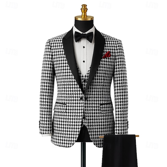  A bărbaților Nuntă Petrecere Costume Negru+Alb Oficial Picior de vară Fit adaptat Set 3 piese Un singur rând, un nasture