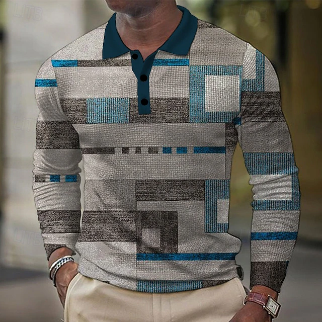 Men's Plaid Waffle Polo Shirts Golf Shirt Long Sleeve Polo Shirts Collared Shirts Vintage Casual Vacation Wear Formal Wear Festival Wear 3D Print Buttons Spring Fall Winter Gray4