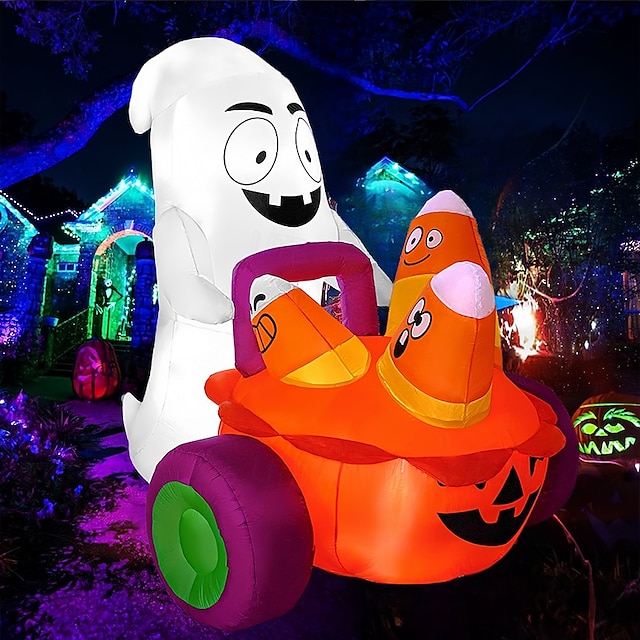  Gonfiabile fantasma di Halloween da 5 piedi che spinge una carrozza di zucche con caramelle, decorazione da giardino gonfiabile con LED integrati per feste di Halloween all'aperto, al chiuso, in