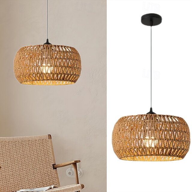  Lampada a sospensione vintage in rattan intrecciato, materiale in corda intrecciata, altezza 17 cm, luce bianca calda/bianca, E26 E27, catena regolabile