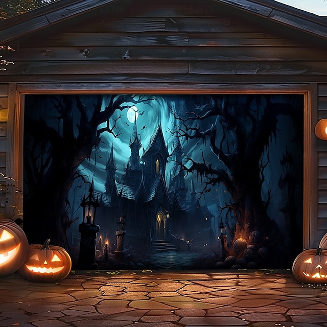  Halloween Garagentorabdeckung Banner Hintergrund – Spukschloss mit Fledermäusen und Kürbissen Fotohintergrund für die Außendekoration für Halloween 2025