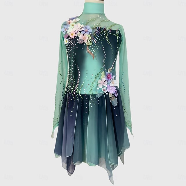 Figure Skating Dress Women's Girls' Ice Skating Dress Green+Black Thumbhole Halo Dyeing Mesh Spandex Stretchy Training Practice Professional Skating Wear Thermal Warm Classic Crystal / Rhinestone3