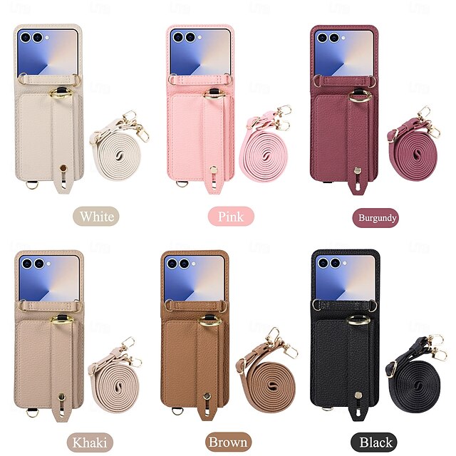  telefono Custodia Per Samsung Galaxy Z Flip 7 Z Flip 6 Z Flip 5 Z Flip 4 Copertura Posteriore con Cordino Cavalletto Slot per Carte Retrò TPU Pelle PU