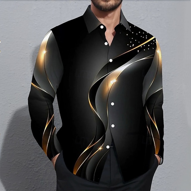  Voor heren Geometrisch Verloop Golven Overhemd Overhemd met knopen Casual overhemd Lange mouw Mode-casual Vakantie Dagelijks Streetwear Zomer Lente Strijkijzer 3D-afdrukken shirts met kraag Zwart