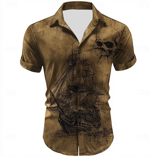 Men's Skull Nautical Sailboat Shirt Summer Shirt Button Up Shirt Short Sleeve Vintage Retro Outdoor Vacation Dailywear Summer Spring Turndown 3D Print Collared Shirts Brown4