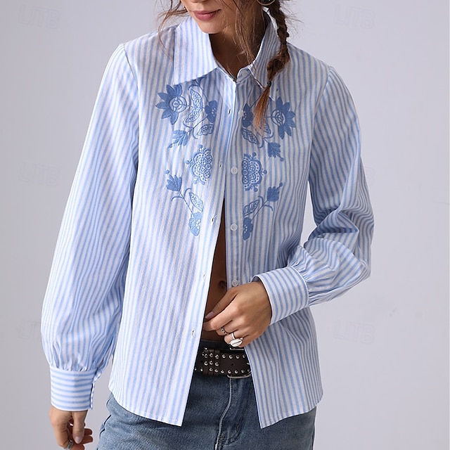  Femmes Chemise Fleuri Rayé Élégant Bohème ancien manche longue Col de chemise Hauts Réguliers Travail Quotidien Fête Broderie 1# Original bleu clair-BLEU Printemps, Automne, Hiver, Été