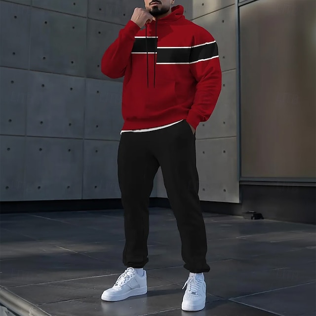  Męskie Kolorowy blok Poziome paski 2szt Zestawy bluz 3D Dres Bluza z kapturem Długi rękaw Długie spodnie Kaptur Sportowy Codzienne Athleisure Druk 3D Wiosna Jesień Zima Biały Czerwony