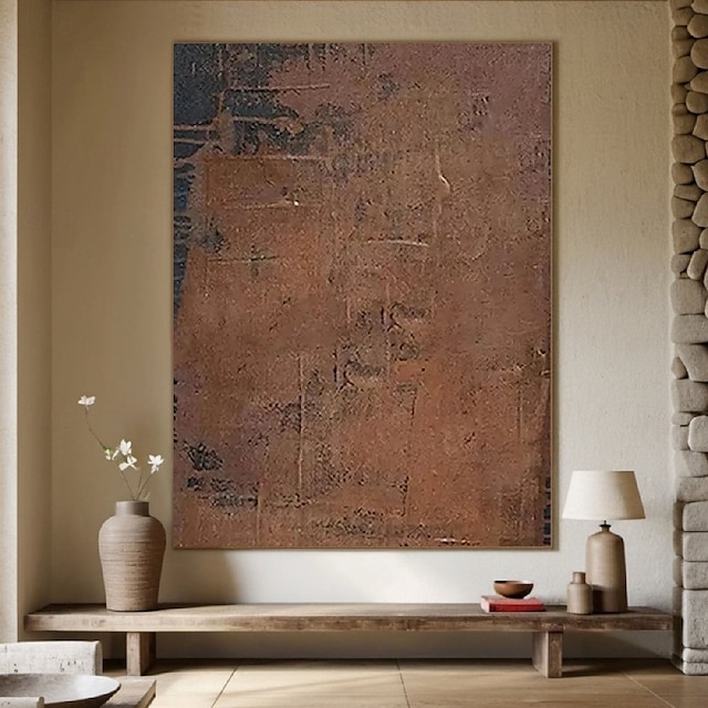  Pintura al óleo texturizada hecha a mano abstracta en tonos tierra con efecto envejecido, marrón topo, carbón profundo, grietas, lienzo, arte de pared de inspiración vintage, decoración minimalista,