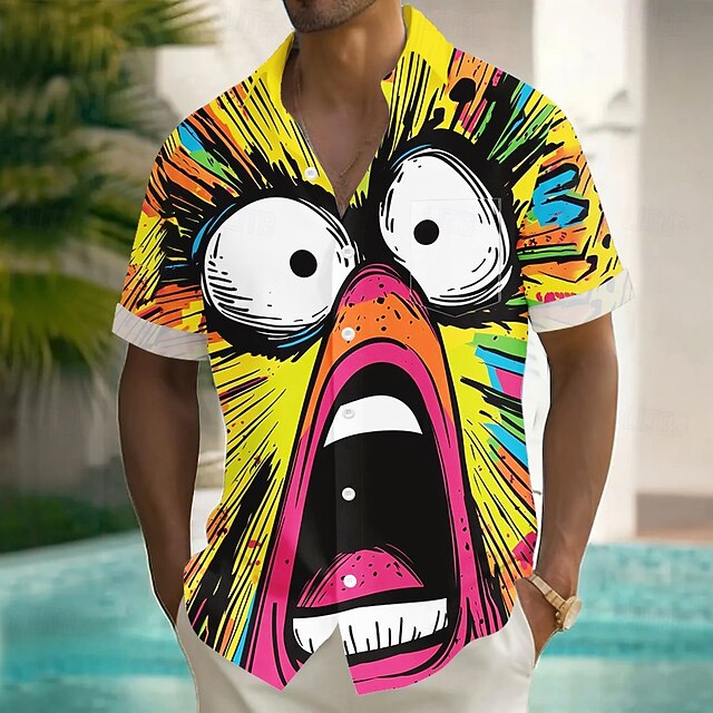 Men's Cartoon Funny Big Eyes Shirt Summer Shirt Button Up Shirt Short Sleeve Fashion Casual Vacation Holiday Streetwear Summer Turndown 3D Print Front One Pocket Linen Like Shirt Yellow4