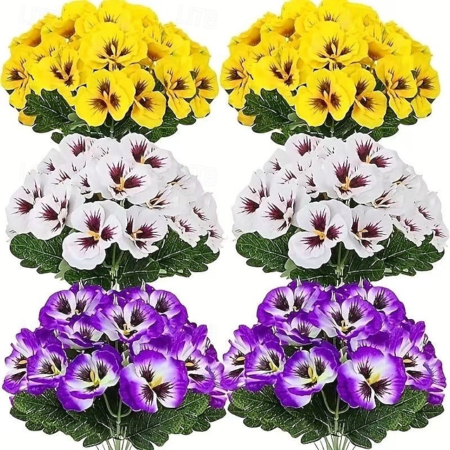  6 Bundles Artificial Pansy Flowers for Outdoor Indoor Use, Weather Resistant Fake Plastic Plants for Garden, Home Decor, White Purple Yellow