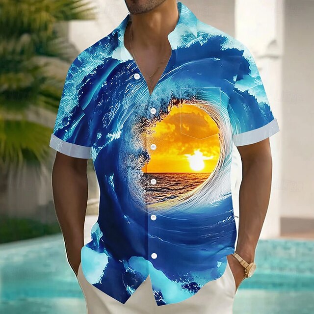 Men's Optical Illusion Ocean Sunset Shirt Summer Shirt Button Up Shirt Short Sleeve Fashion Casual Vacation Holiday Streetwear Summer Turndown 3D Print Front One Pocket Linen Like Shirt Blue4