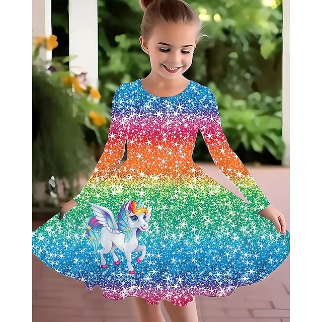  Tyttöjen 3D Yksisarvinen Mekko Pitkähihainen Kesä Kevät Loma Päivittäin Pyhäpäivä Prinsessa Kaunis Makea Lapset 4-12 vuotta Rento mekko A linjainen mekko Polvipituinen Normaali