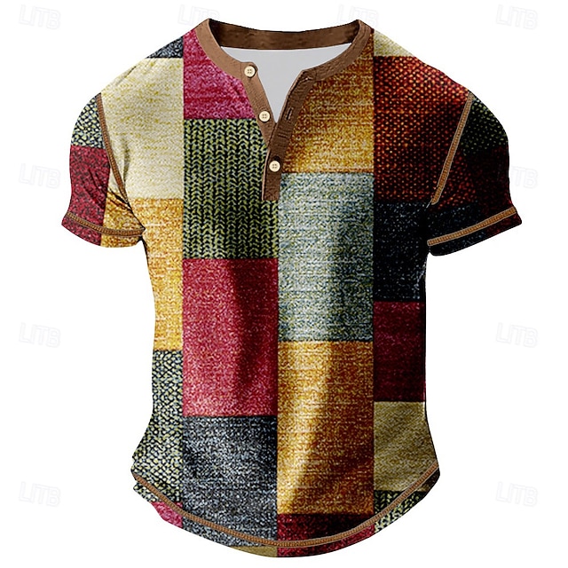  Homens Gráfico Bloco de cor Camisa Henley Camisetas Manga Curta Vintage Moda Designer Ao ar livre Casual Diário Primavera & Outono Todas as Estações Cinzento Vermelho Henley Camiseta Henley