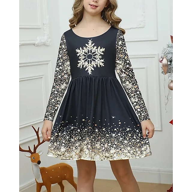  FILLE 3D Motif de flocon de neige Robe manche longue Été Printemps Vacances Quotidien Fête Princesse Beau Doux Enfants 4-12 ans Robe Décontractée Robe trapèze Mi-long Coupe régulière