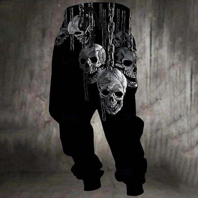 Men's Cool Skulls Chains Print Halloween Costumes Sweatpants Joggers Trousers Mid Waist Drawstring Elastic Waist Dark Gothic Style Jogging Streetwear Workout Athletic Sweatpants with Pockets Spring4