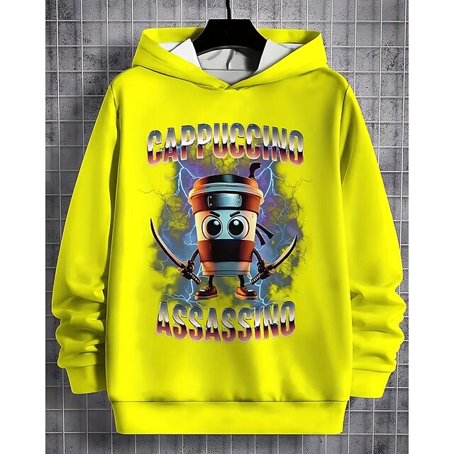  Moletom casual com capuz para meninos com estampa abstrata engraçada de Tung Tung Tung Saur, manga comprida, moda primavera outono, streetwear, crianças de 4 a 12 anos, com capuz, para atividades ao