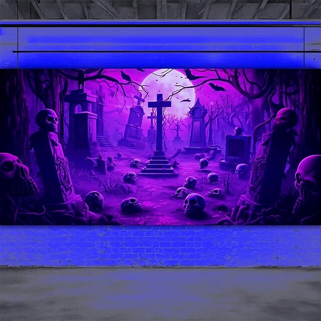 thumbnail image 2 of 13X6 Ft Halloween Garage Door Decoration Background Gray Horror Moon Night Scary Cemetery Skull Photo Background Kids Adult Family Decor Halloween Party Banner Cover 2 of 12