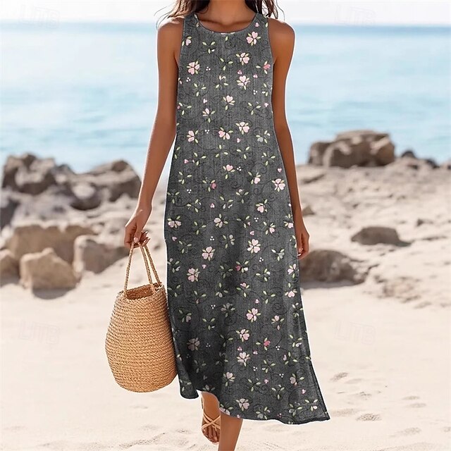 Women's Midi Dress Casual Dress Summer Dress Fashion Modern Daily Beach Weekend Regular Fit Flower Sleeveless Crew Neck Gray Spring Fall4
