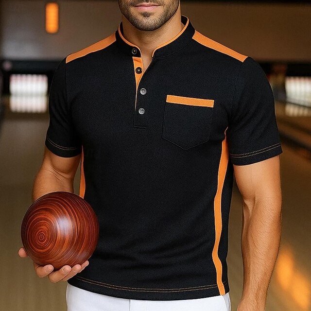 Men's Bowling Shirt Henley Shirt Tee Henley Top Short Sleeve Solid Color Plain Fashion Designer Casual Color Block Buttons Henley Outdoor Casual Daily Summer All Seasons Black Henley T-Shirt4