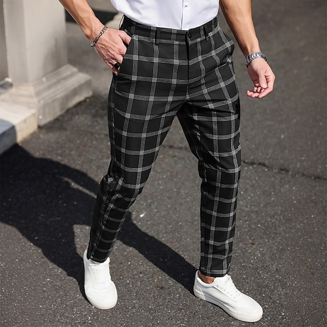  Herre Geometrisk Gitter / Teppe Dressbukser Bukser Medium Midje Business Casual Formell Hverdag Slim fit-bukser med lommer Vår Høst 3D-utskrift Svart Mørkeblå Mørkegrå