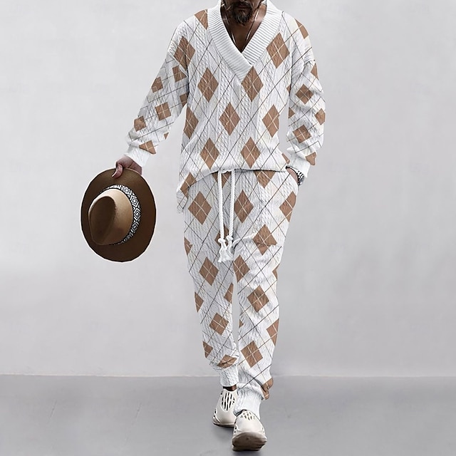  Hombre Trajes de camiseta Conjuntos de pantalones Trajes de 2 piezas Cuerpo Entero Escote en Pico Primavera & Otoño Geométrico Moda Casual 2 Piezas Vacaciones Ropa Cotidiana Noche Negro Blanco
