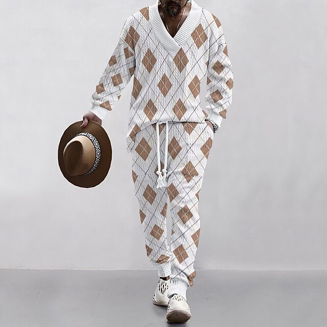 Men's T-shirt Suits Pants Sets 2 Pieces Outfits Full Body V Neck Spring &  Fall Geometric Fashion Casual 2 Piece Vacation Daily Wear Going out Black White Top Tee for Men3