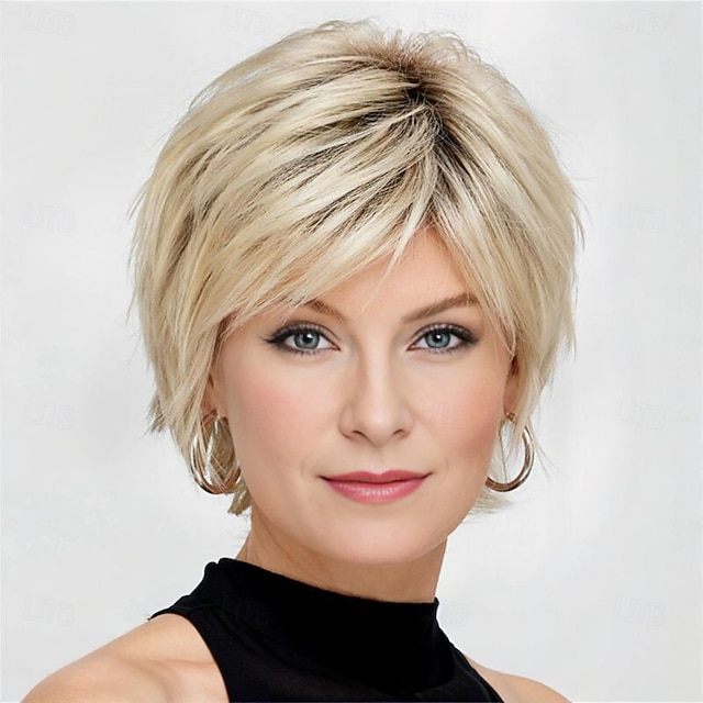  Perruque Synthétique Droit Coupe Lutin Fabriqué à la machine Perruque Court A1 Cheveux Synthétiques Femme Doux Mode Facile à transporter Blond
