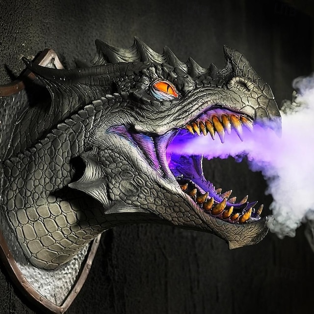  Dragon Sculpture with LED Smoked Effect, 3D Wall Art Hanging Statue for Garden or Home Decor