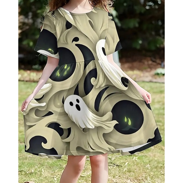  Halloween Girls' 3D Ghost Dress Short Sleeve Summer Spring Vacation Daily Holiday Princess Beautiful Sweet Kids 4-12 Years Casual Dress A Line Dress Knee-length Regular Fit