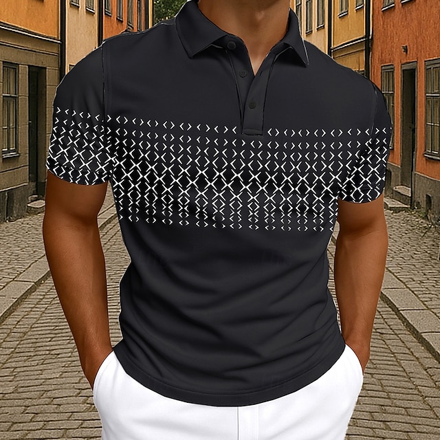  Herren Polo Geschäft Lässig Umlegekragen Kurzarm Geometrisch Knöpfe Sommer Schwarz Weiß Blau Hellgrau Polo