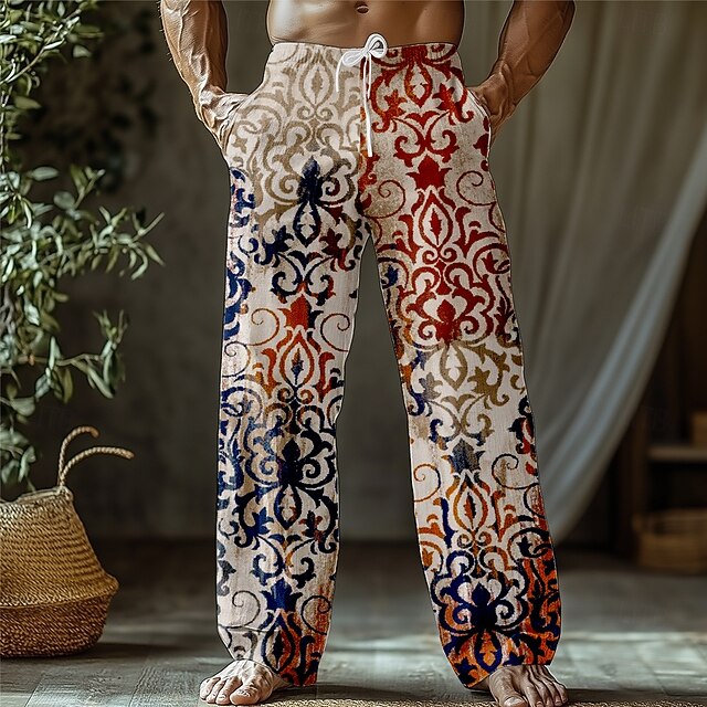 Men's Floral Print Flowers Trousers Baggy Pants Casual Pants Mid Waist Ethnic Style Retro Vintage Outdoor Vacation Drawstring Side Pockets Elastic Waist Summer Spring 3D Print Apricot4