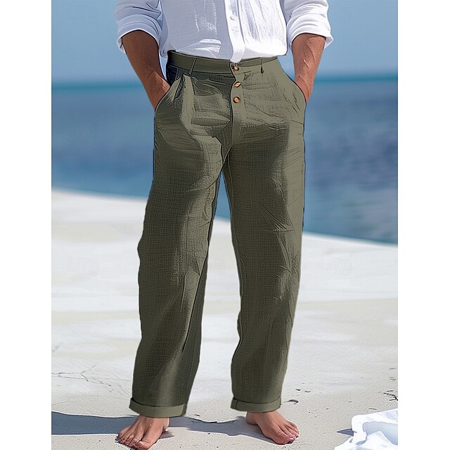 Summer Linen Straight Leg Casual Pants Men's Loose Fit Seven-Quarter Length Breathable