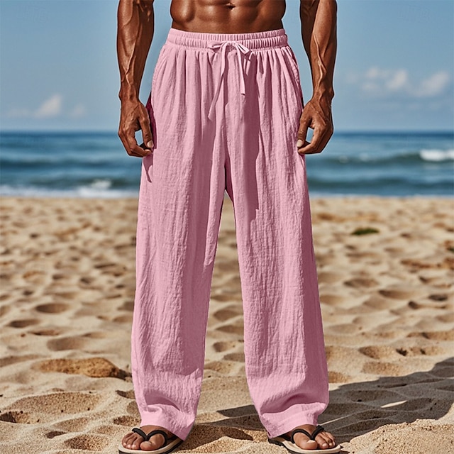  Men's Linen Pants Trousers Summer Pants Baggy Pants Beach Pants Elastic Waist Drawstring Straight Leg Plain Comfort Breathable Full Length Casual Daily Holiday Vacation Fashion White Pink Inelastic