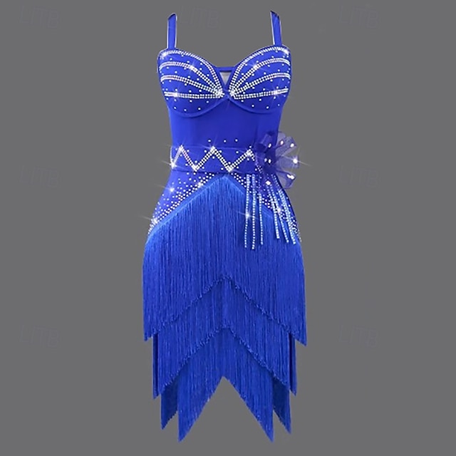  Rochie de dans latino cu ciucuri cu strasuri, pentru femei, concurs, salsa, haine de dans fără mâneci, rumba, chacha, samba, petrecere, scenă, antrenament, îmbrăcăminte de dans