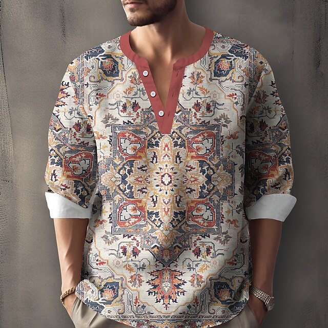 Men's Persian Floral Flower Pattern Shirt Henley Shirt Tunic Shirts Long Sleeve Ethnic Boho Outdoor Vacation Daily Summer Spring V Neck Button Up 3D Print Linen Like Shirt Light Grey4