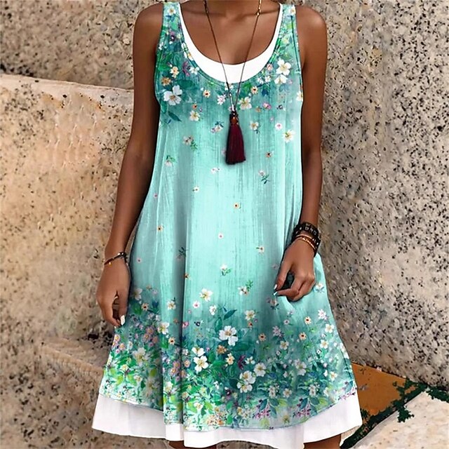 Women's Mini Dress Casual Dress Summer Dress Fashion Modern Daily Beach Weekend Regular Fit Flower Sleeveless Crew Neck Green Spring Fall4