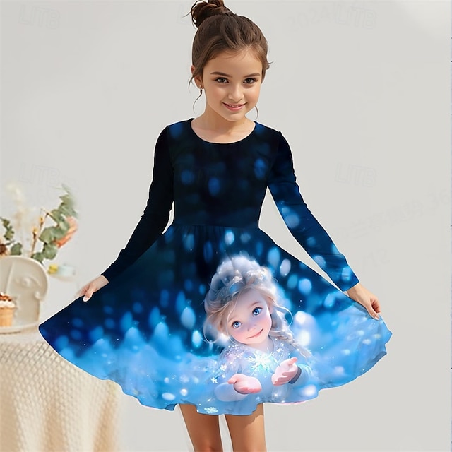  Dziewczyny ' 3D Kreskówki Sukienka Długi rękaw Lato Wiosna Urlop Codzienny Święto Księżniczka Piękny Słodkie Dzieci 4-12 lat Codzienne sukienki Sukienka A line Do kolan Regularny