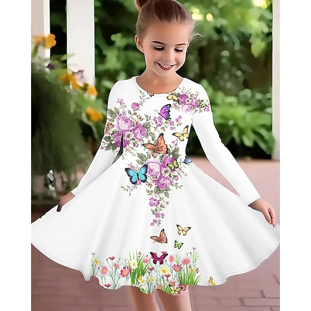  Girls' 3D Butterfly Flower Dress Long Sleeve Summer Spring Vacation Daily Holiday Princess Beautiful Sweet Kids 4-12 Years Casual Dress A Line Dress Knee-length Regular Fit