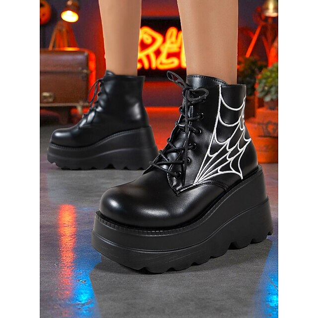  Svarta platåstövlar med spindelnätsdesign för dam - grova snörstövlar för halloween, cosplay och maskeradbaler, punk- och gotisk stil, bekväma för användning hela dagen