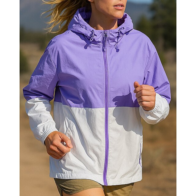  Damen Laufjacke Outdoorjacke Kapuzenjacke Kordelzug Reißverschlusstasche Langarm Oberteil Athleisure Winddicht LSF 50+ Atmungsaktiv Angeln Wandern Laufen Sportbekleidung Sportkleidung Patchwork Wei