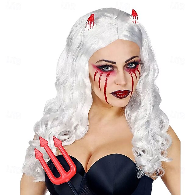 White Devil Bride Wig – Fiery White Hair for Halloween, Cosplay, Costume Parties, and Role Play, No Horns3