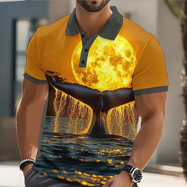 Men's Shark Sea Polo Short Sleeve Polo Shirts Casual Athleisure Daily Wear 3D Print Buttons Summer Orange4
