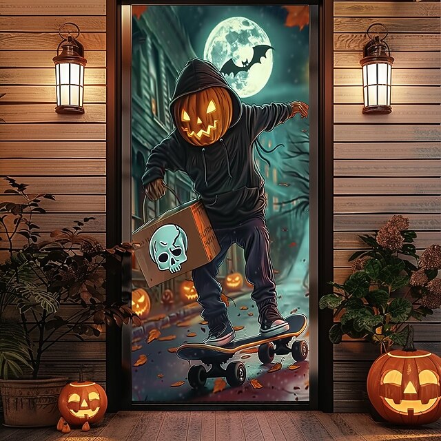 Halloween Door Cover – Pumpkin Head Skeleton under Full Moon, Haunted House Entrance Banner, Scary Outdoor & Indoor Decoration for 2025 Halloween Bedroom, Living Room, Bathroom4