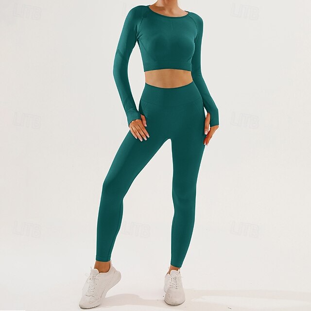  Dam 2 delar Yogatröja Loungekläder Höst Ensfärgat Träningsdräkter Svart Röd Gymträning Hög midja Stretch Andningsfunktion Långärmad Sport Sportkläder Smal